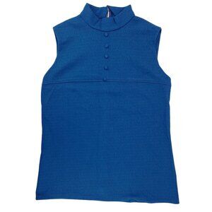 Vintage Handmade Sleeveless Blue High Neck Textured Top Polyester Women Medium